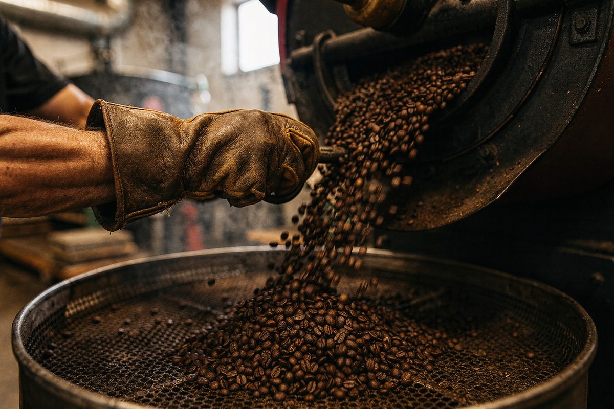 Master Roaster pulling the cast-iron drum gate to drop a hot batch of roasted coffee.