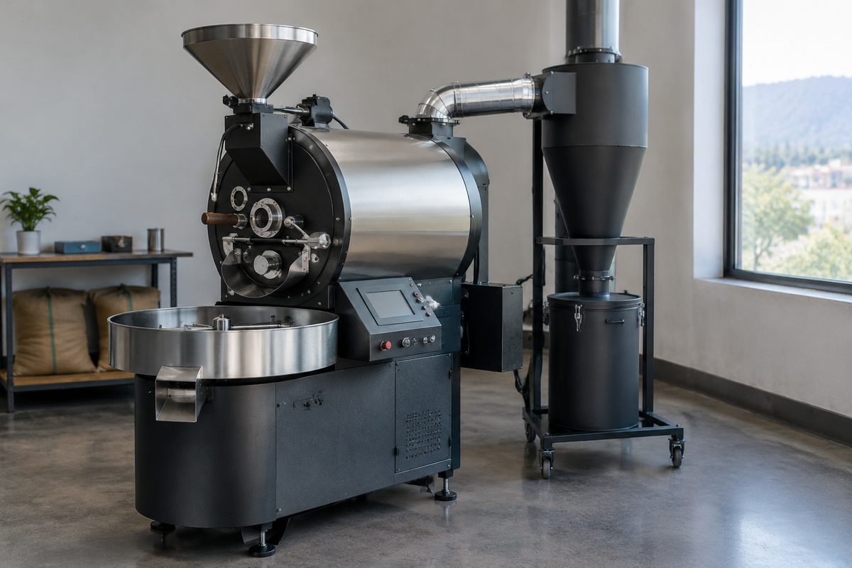6 kg commercial drum coffee roaster with cyclone chaff collector.