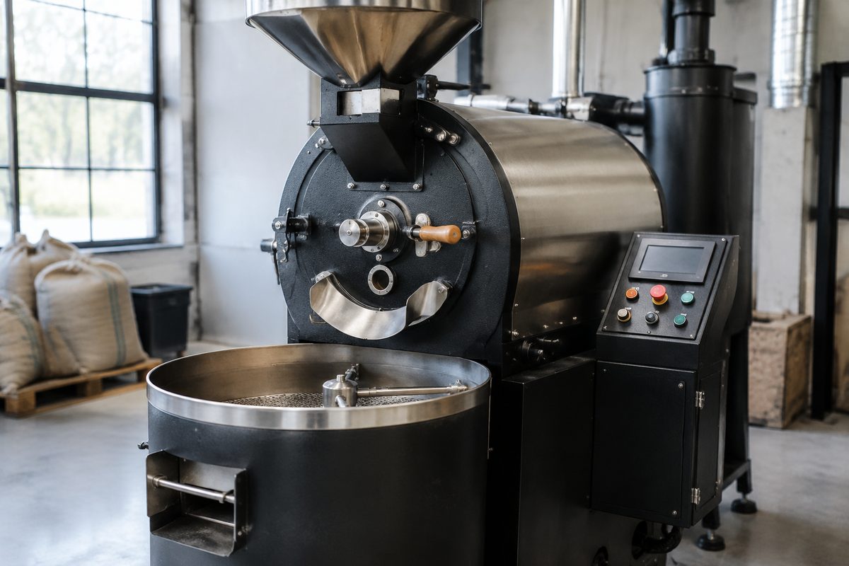 Three-quarter view of a commercial coffee drum roaster with polished feed hopper and control console.