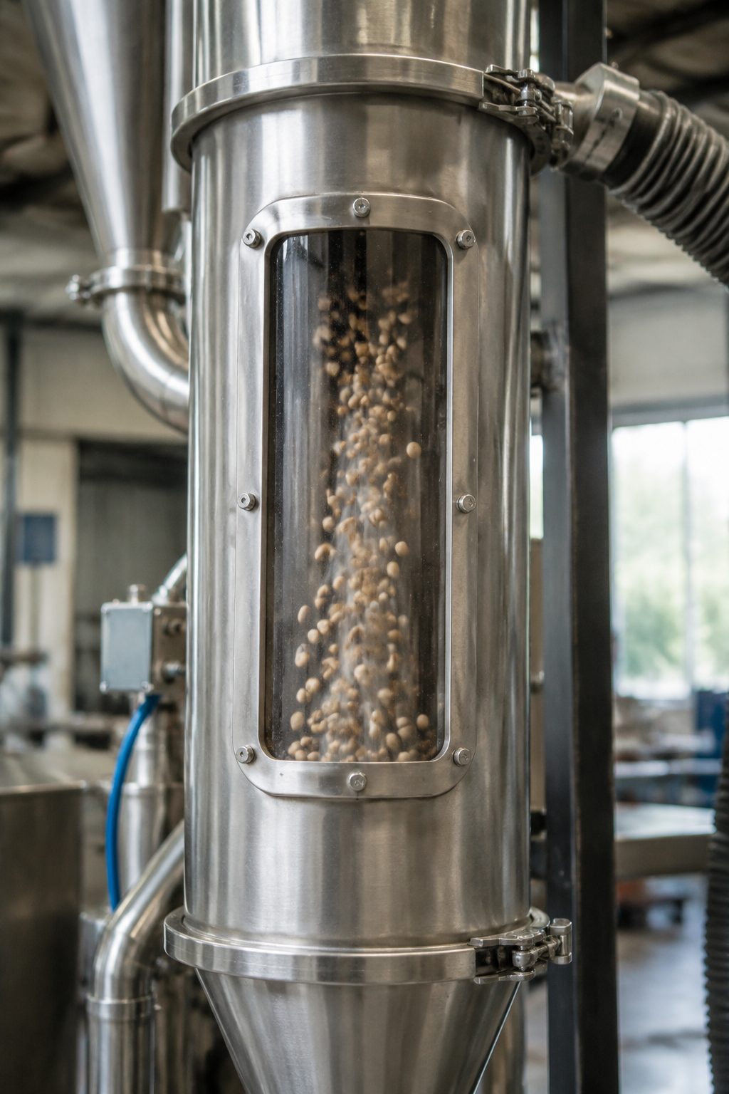 Stainless steel destoner vacuum column separating stones and debris from roasted coffee.