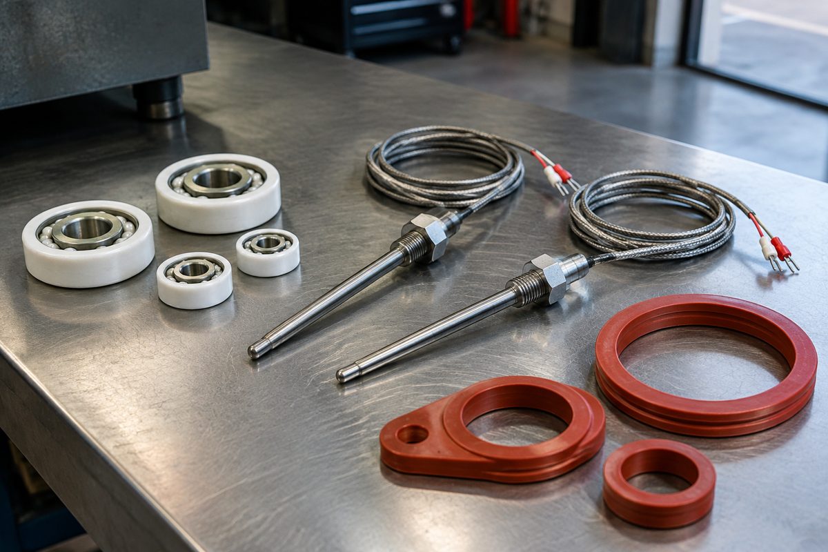 Roaster replacement parts including high-temp bearings, thermocouples, and seals.