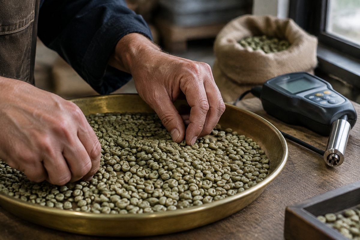 Hands evaluating green coffee bean moisture content and screen size in a brass inspection tray.