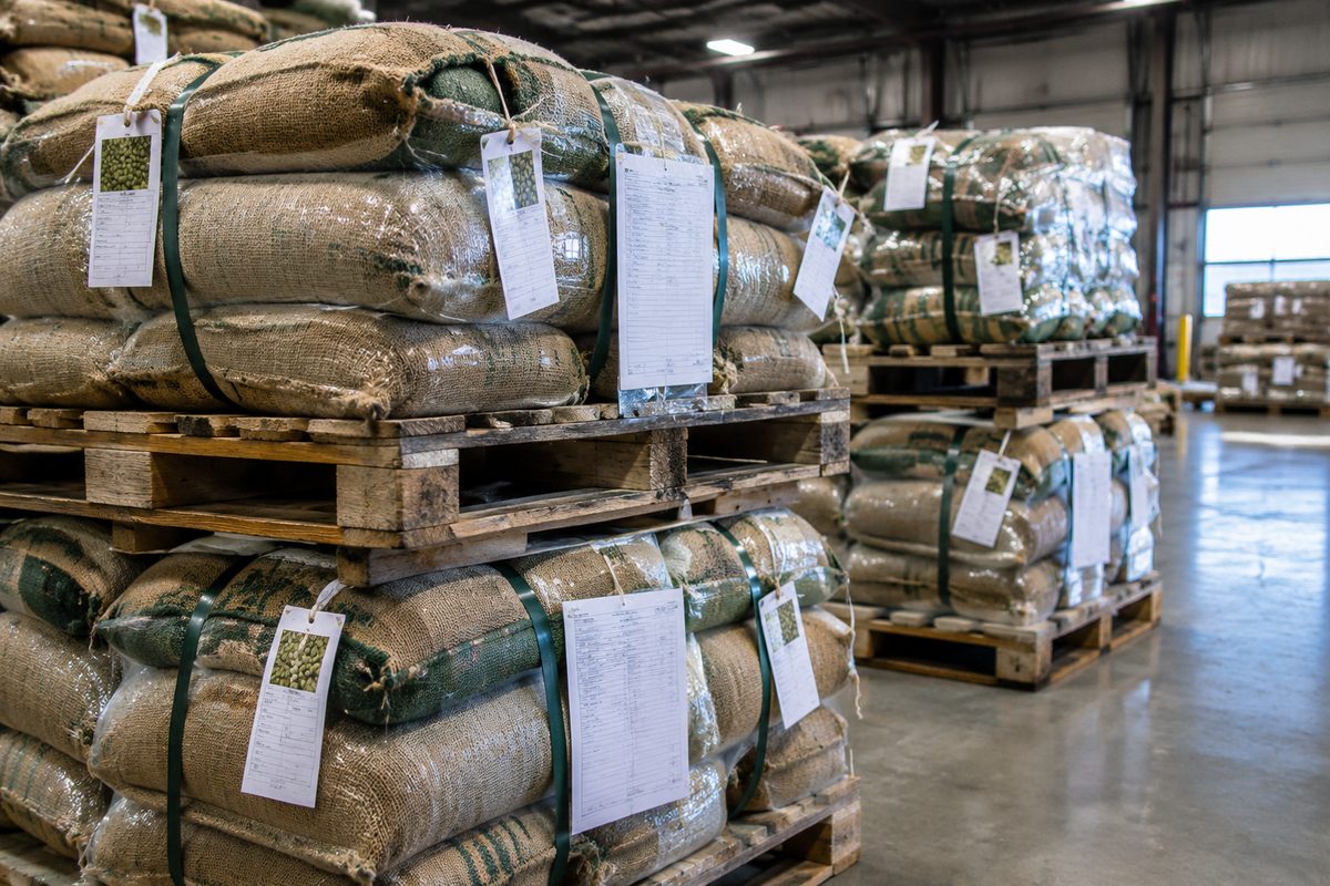 Specialty green coffee bags on wooden pallets with lot identification tags in warehouse storage.
