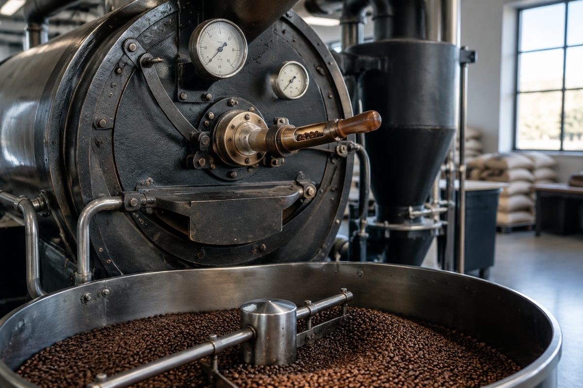 Cast-iron commercial coffee drum roaster operating in the Future Coffee Corporation Reno facility.
