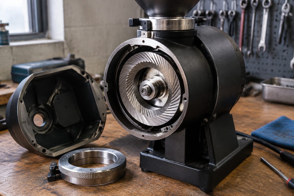 Opened industrial coffee grinder showing precision 120mm hardened steel grinding burrs