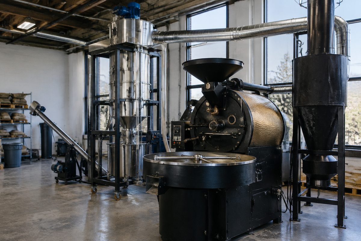 60 kg industrial coffee roasting plant installation with destoner and thermal afterburner.