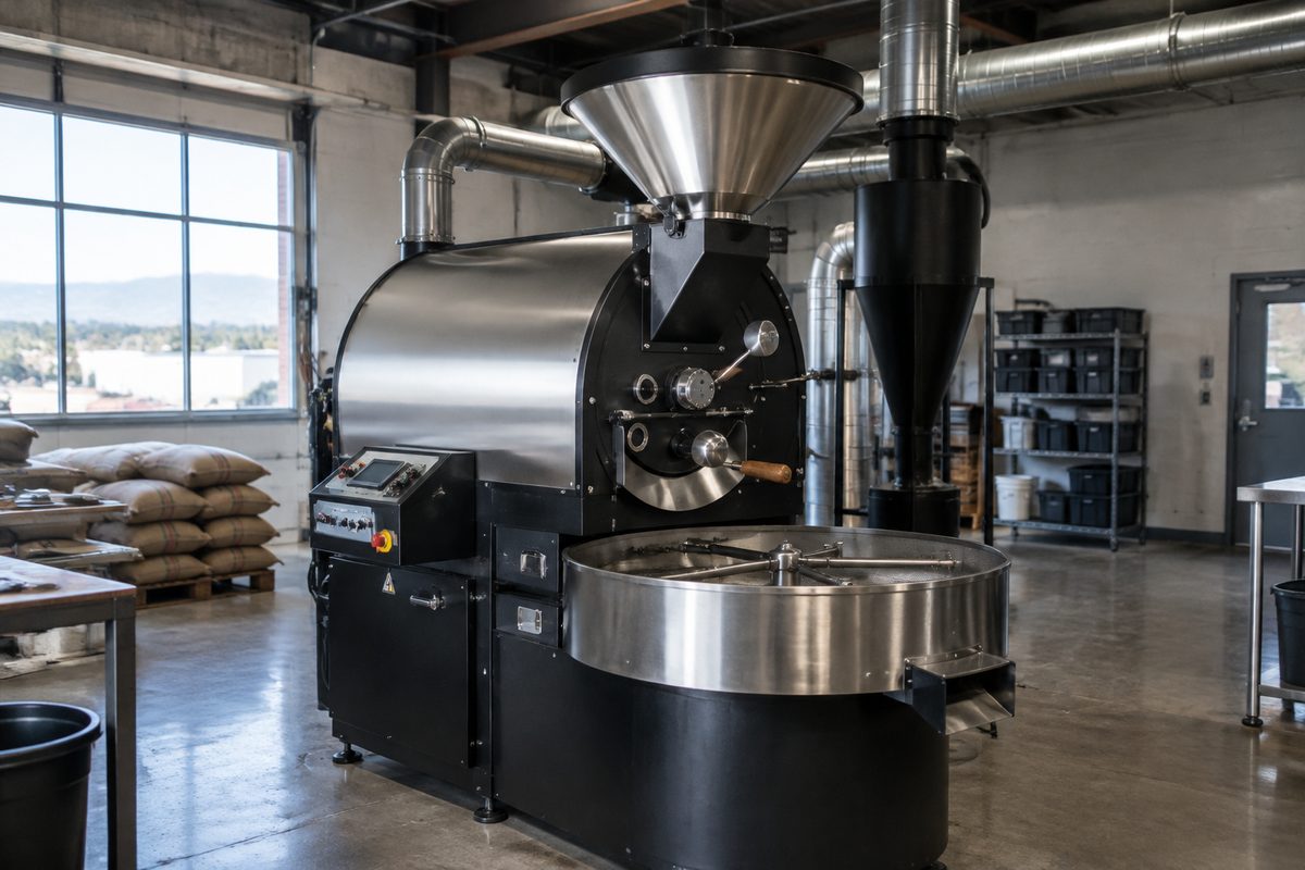 30 kg heavy production coffee roaster with stainless steel exhaust ductwork.