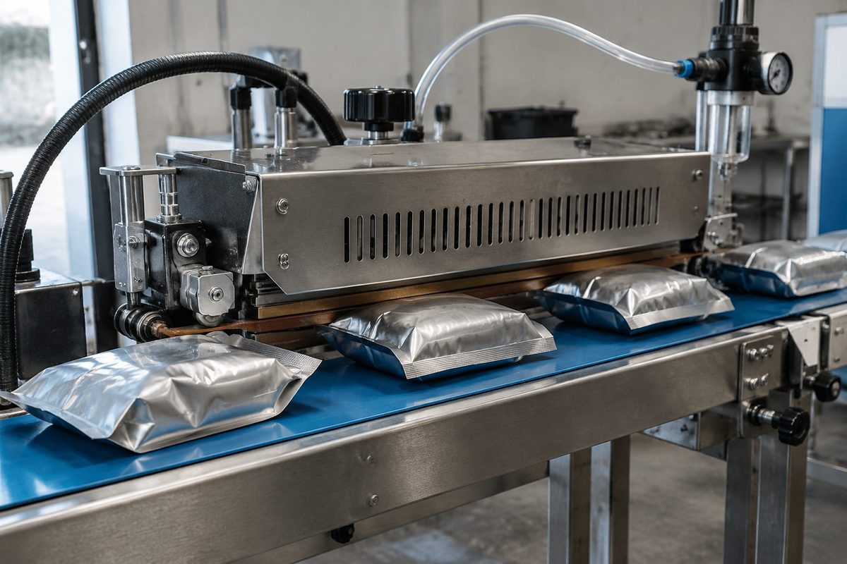 Continuous band heat sealer with nitrogen purge sealing coffee pouches