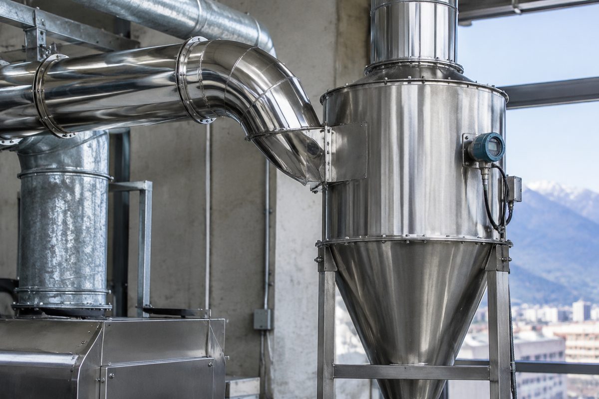 Pneumatic cyclone ductwork and external chaff separation barrel connected to roasting exhaust.