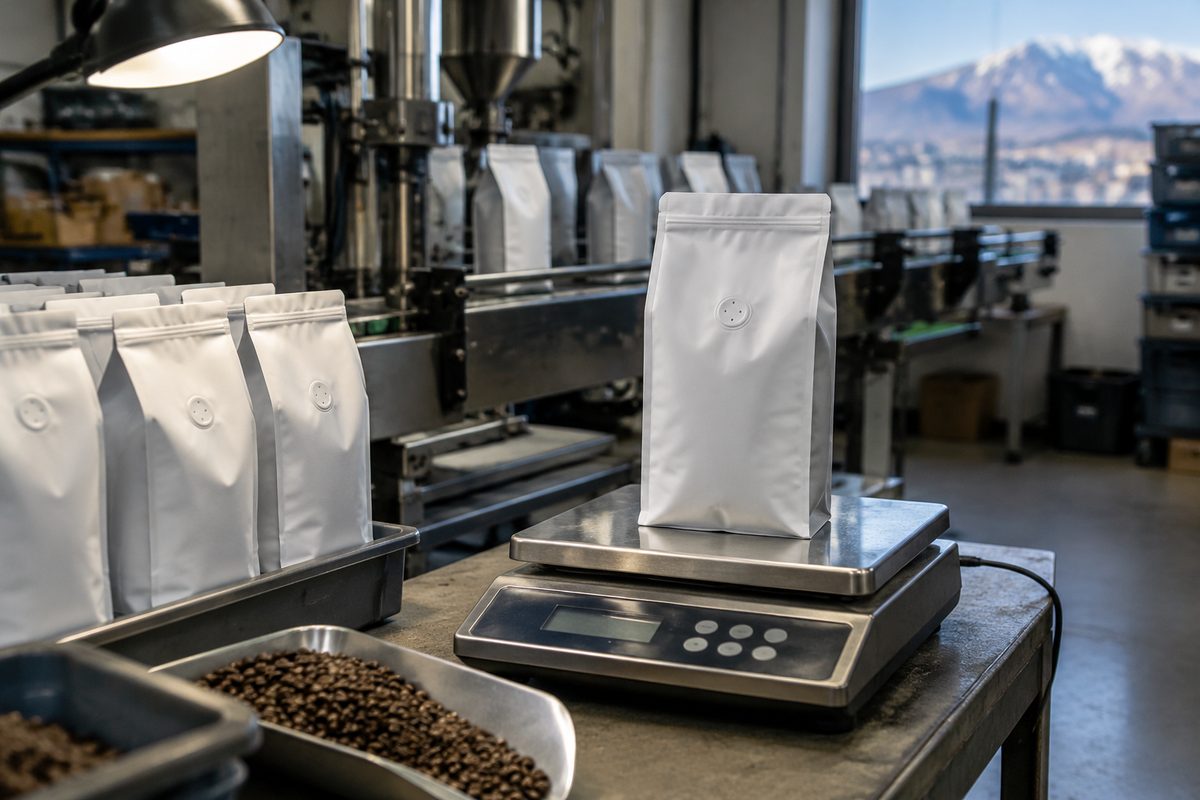 Matte white foil coffee bags with one-way degassing valves being weighed and heat sealed.