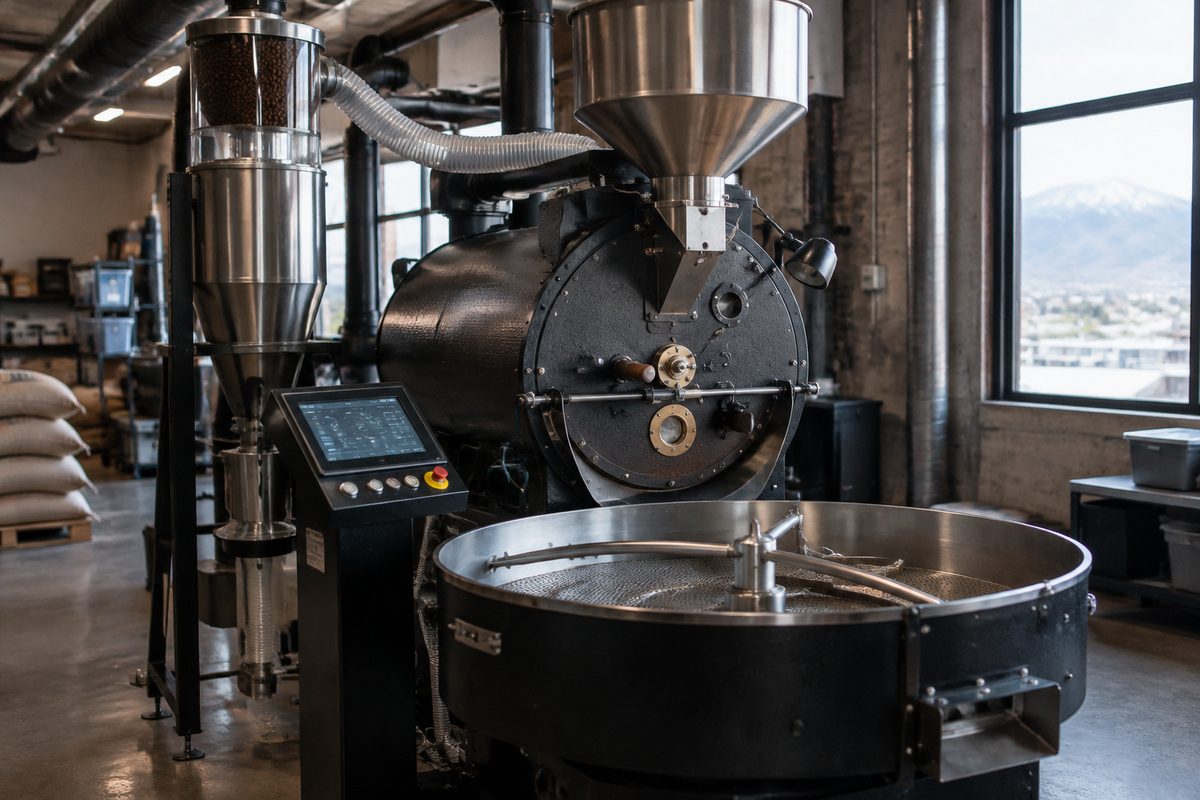 15 kg commercial drum coffee roaster with green bean vacuum loading hopper.