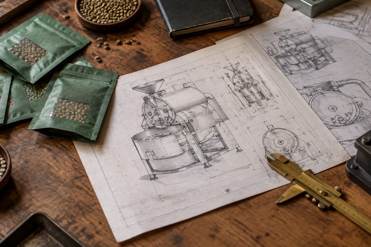 Roaster engineering schematics and green bean sample envelopes on a consultation desk.
