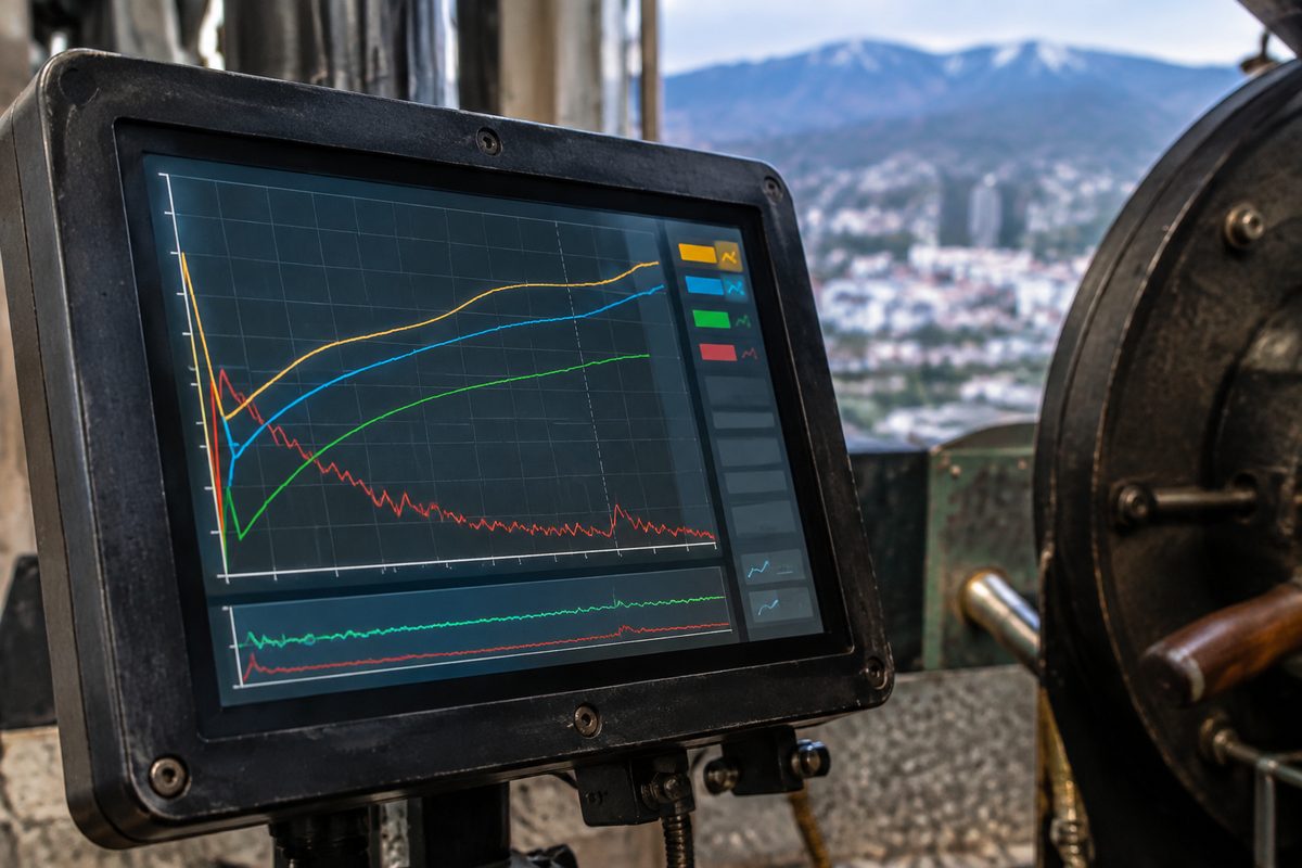 Roaster control monitor plotting bean temperature curves and Rate of Rise metrics.