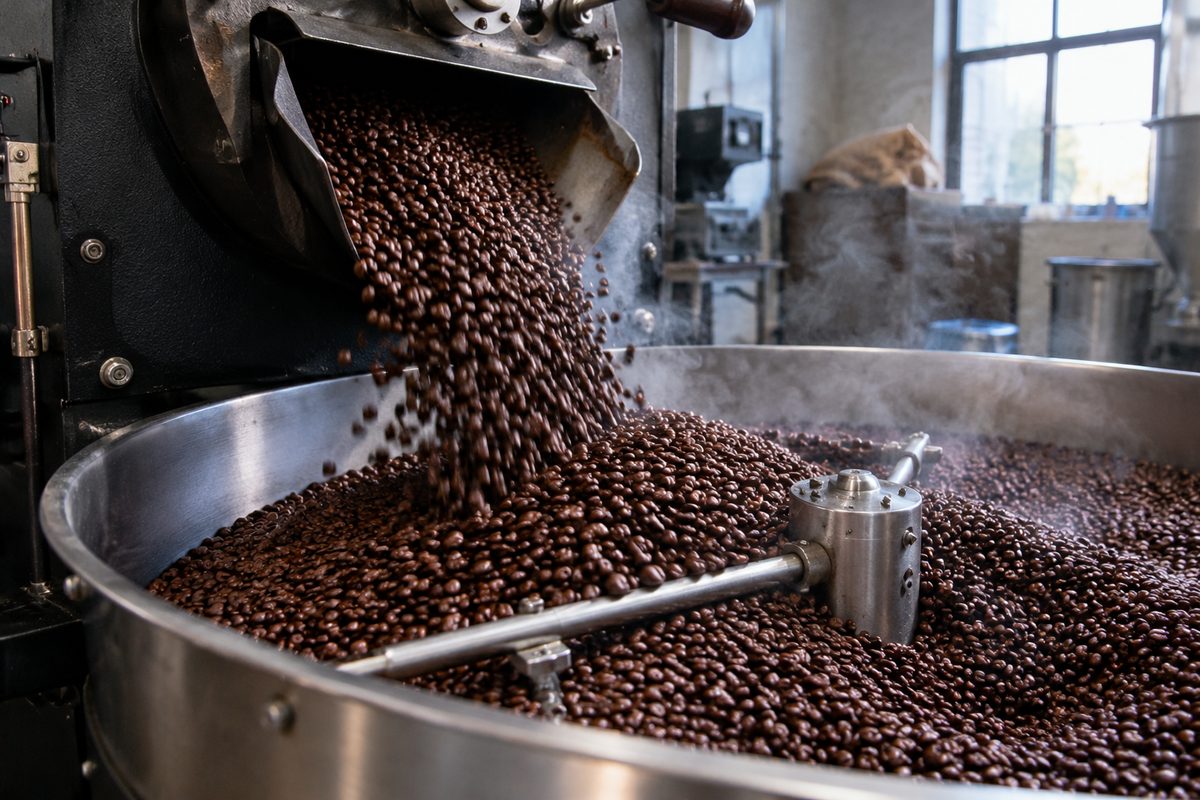 Freshly roasted coffee beans discharging onto a stainless cooling tray with rising steam.