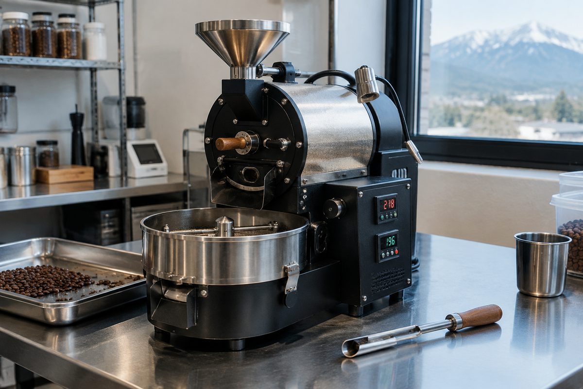 Precision 1 kg laboratory sample drum roaster on a stainless workbench.