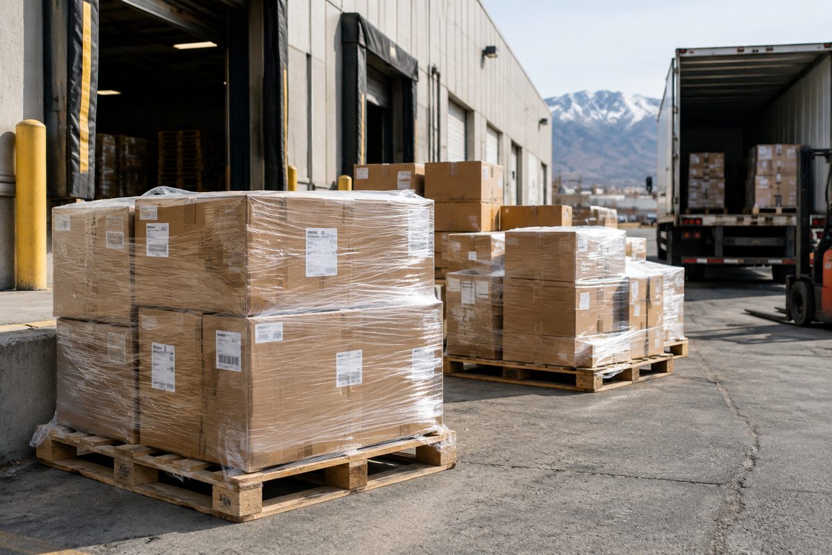 Timber freight pallets of roasted coffee packed and ready for 24-hour nationwide dispatch.